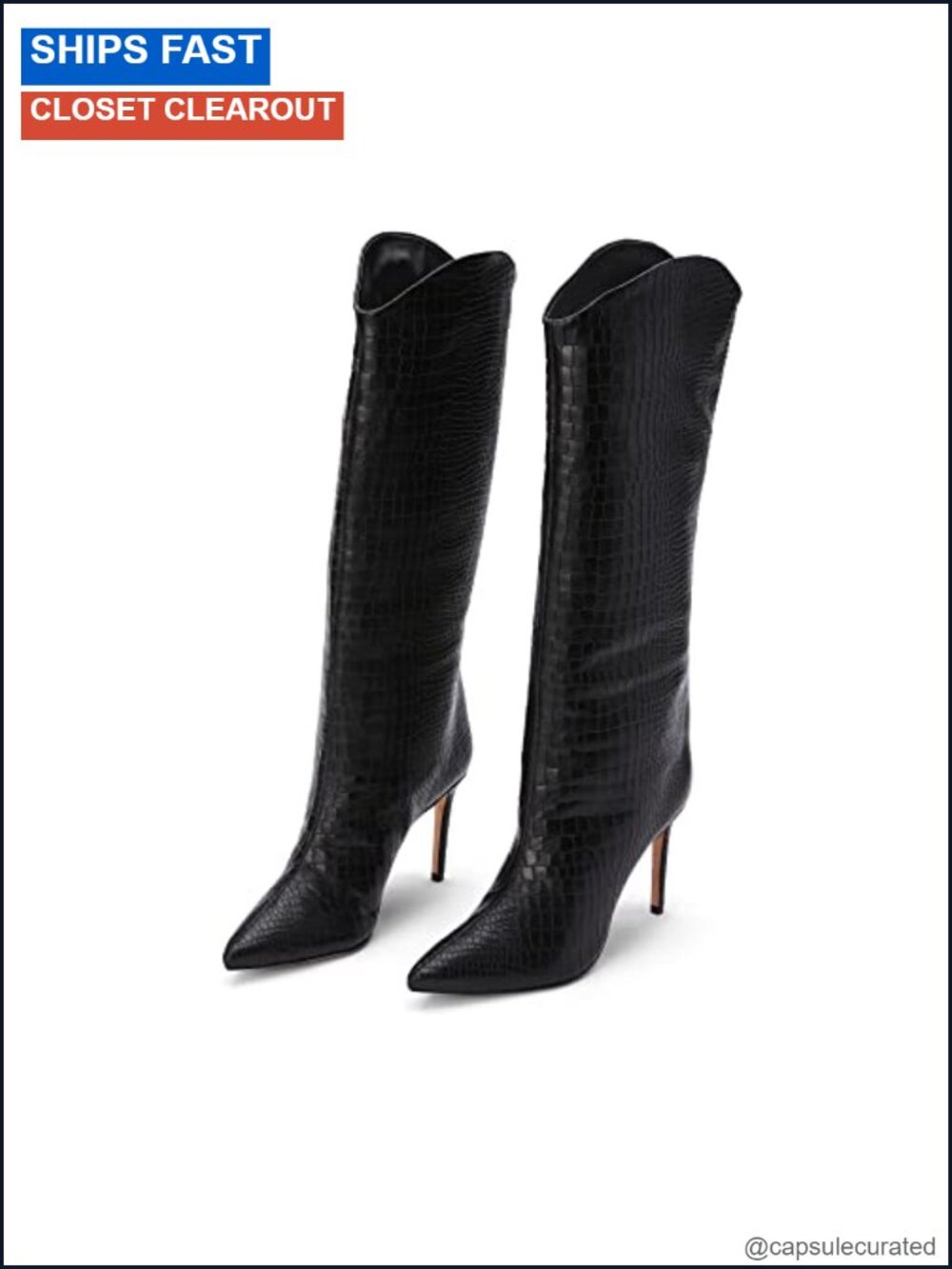 Crocodile Embossed Leather Knee-High Stiletto Boots Pointed Toe Dress